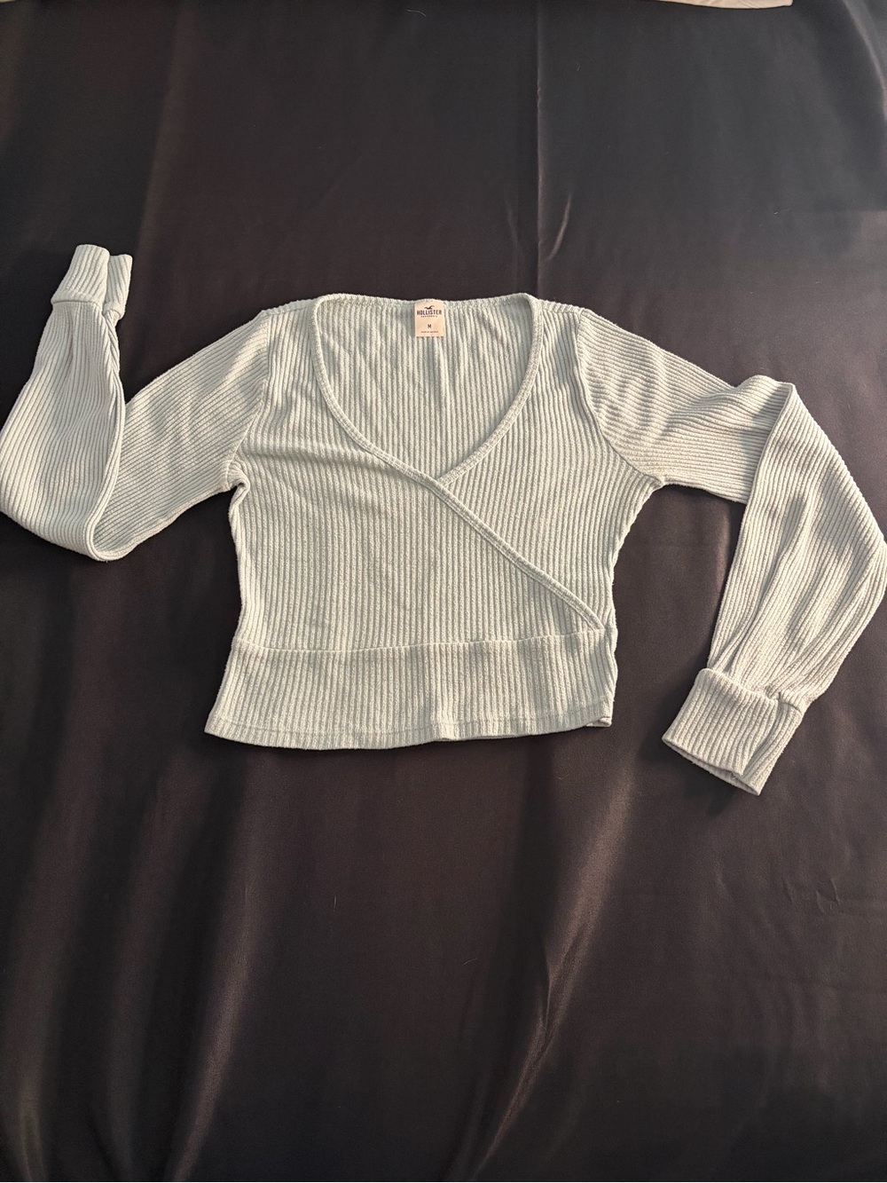Hollister Light Blue Ribbed Wrap-Front Long Sleeve Top Size M